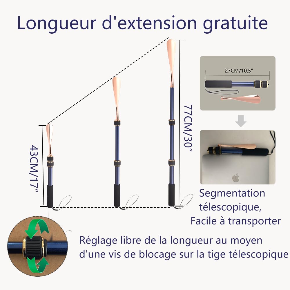 VARCOH Chausse Pied Long Metal, 43-77CM Le Chausse Pied télescopique long est facile à transporter lorsque vous sortez. Conception de Chausse Pied en or Bleu, à la mode et Durable