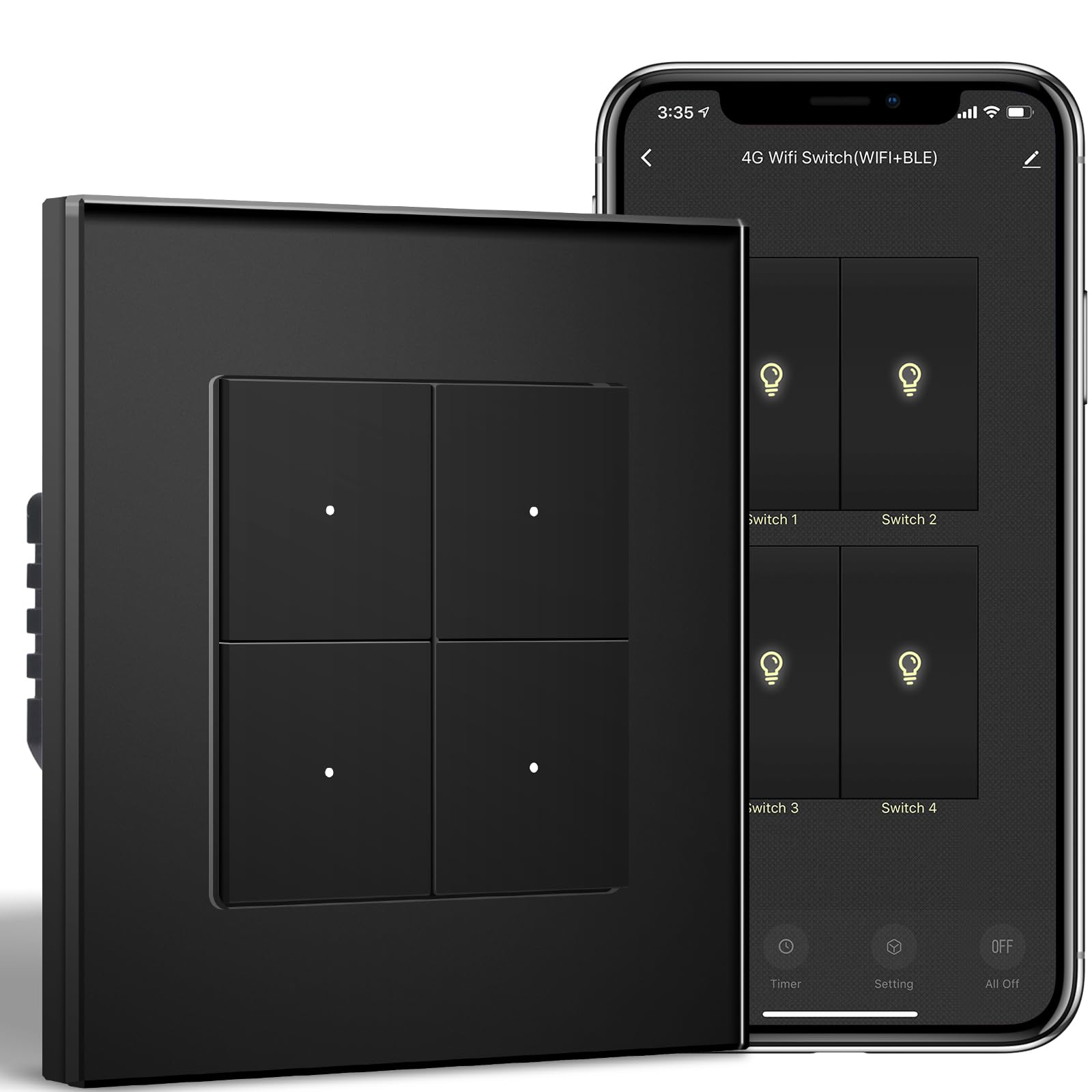BSEEDLIFE Smart Light Switch,Intelligent WiFi Wall Switch for Smart Home,Compatible with Alexa,Google Home(via Tuya/Smart Life App),4 Gang 1 Way 86 * 86mm,Black