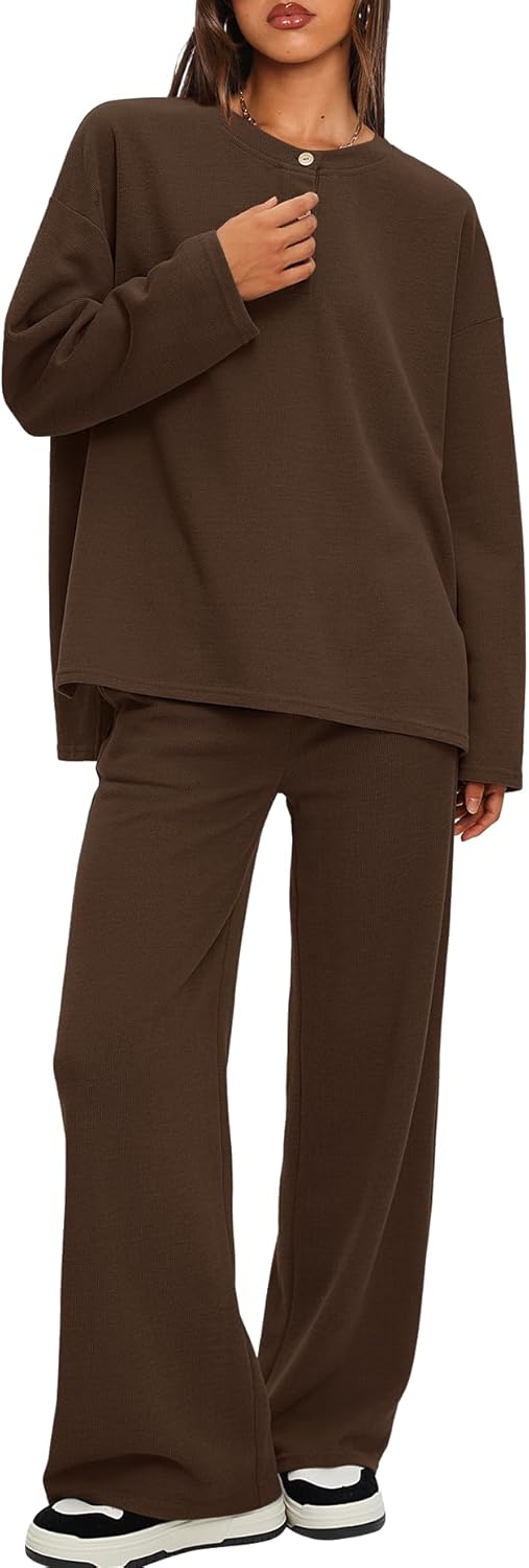 Darong Two Piece Outfits for Women Fall Lounge Sets Button Down Sweatshirt Wide Leg Pants Sweatsuits Set with Pockets - Image 4