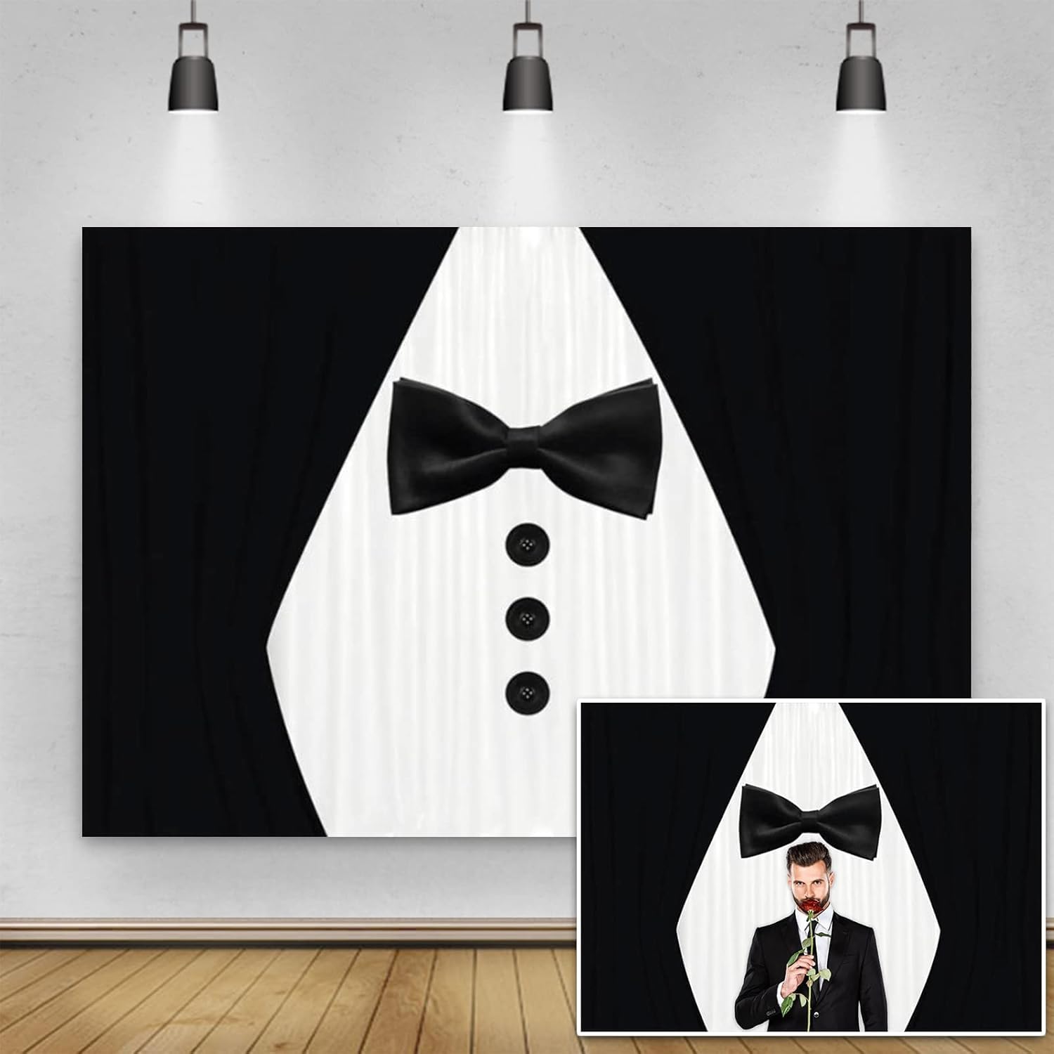 Yeele 10x8ft Gentleman Tuxedo Photography Backdrop Black and White Suit Bow Tie Background Bridegroom Man Portrait Shooting Wallpaper Luxury Dinner