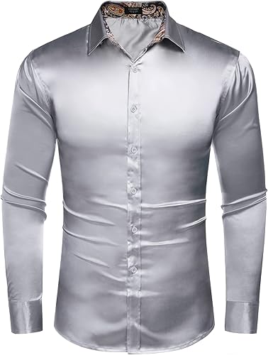 Miniatura 2 de COOFANDY Camisas de vestir de satén para hombre estilo casual de manga larga floral con botones de seda ajuste delgado para boda graduación con