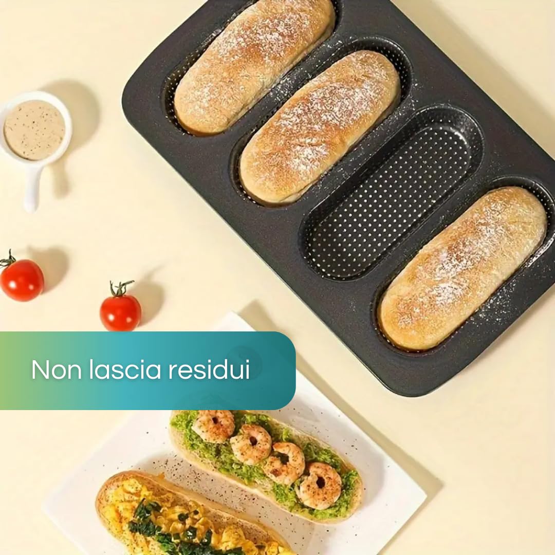 PALUPLUS Stampo per Pane, Misura 34,6x21,5 cm, Teglia da Forno in Acciaio al Carbonio Antiaderente, 4 Forme Forate da 7x17 cm per Mini Baguettes, Resistente fino a 230° -3995F