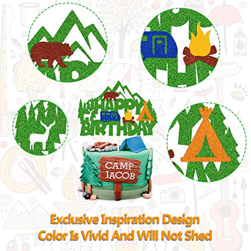 Camping Birthday Cake Topper Happy Birthday Sign Cake Decorations for Camper Hunter Lumberjack Forest Woodland Animal Campfire Themed for Kids Bday Party Supplies Double Sided (camping)