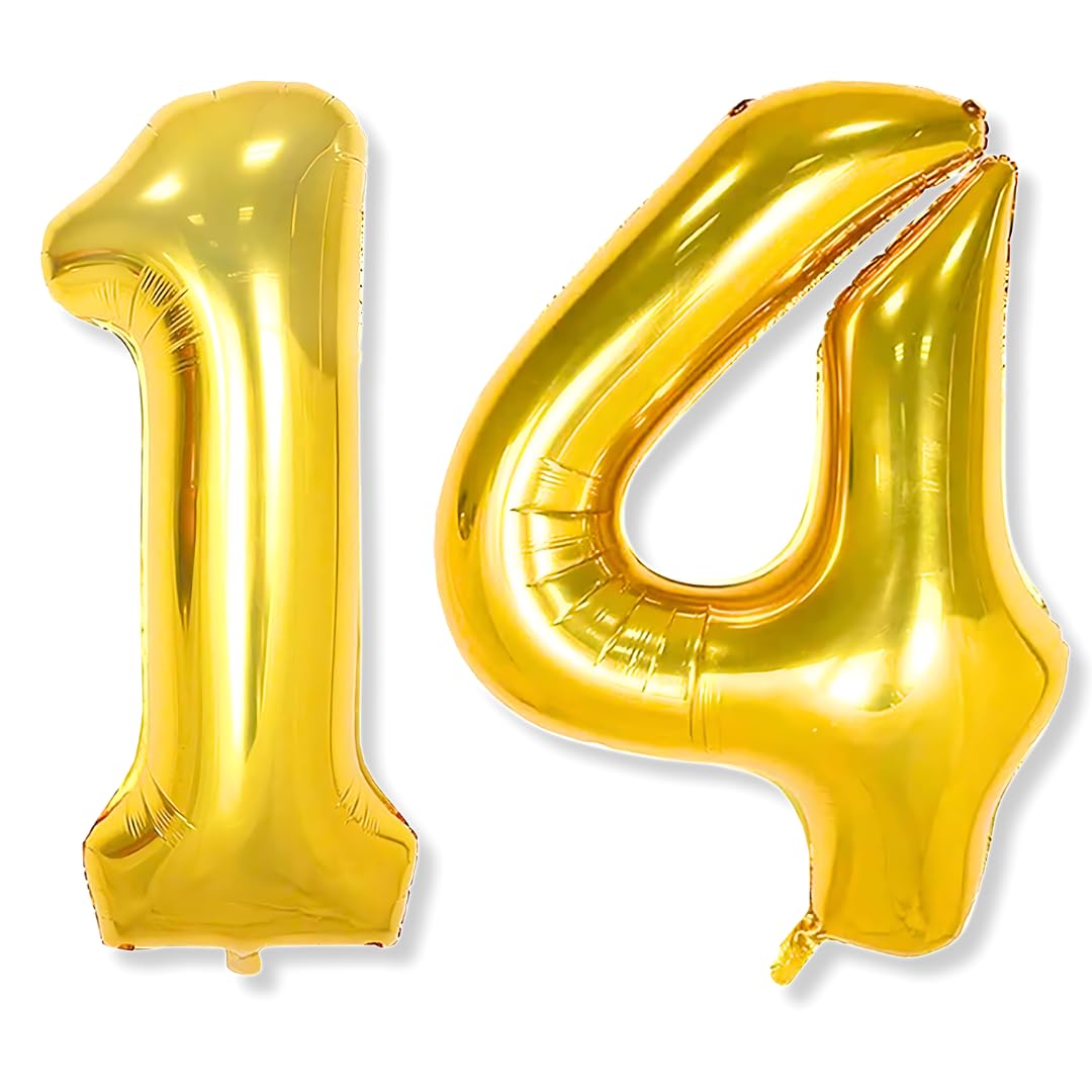 Flyloons 14 number Golden Foil Balloon 16 inch Size Birthday Decoration Items Pack of 2 | 14th Year Balloons | Fourteen