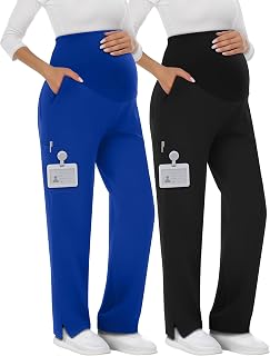 2 Pack Women's Maternity Scrubs Pants with 6 Pockets Pregnancy Workwear Stretchy Straight Leg Cargo Trousers