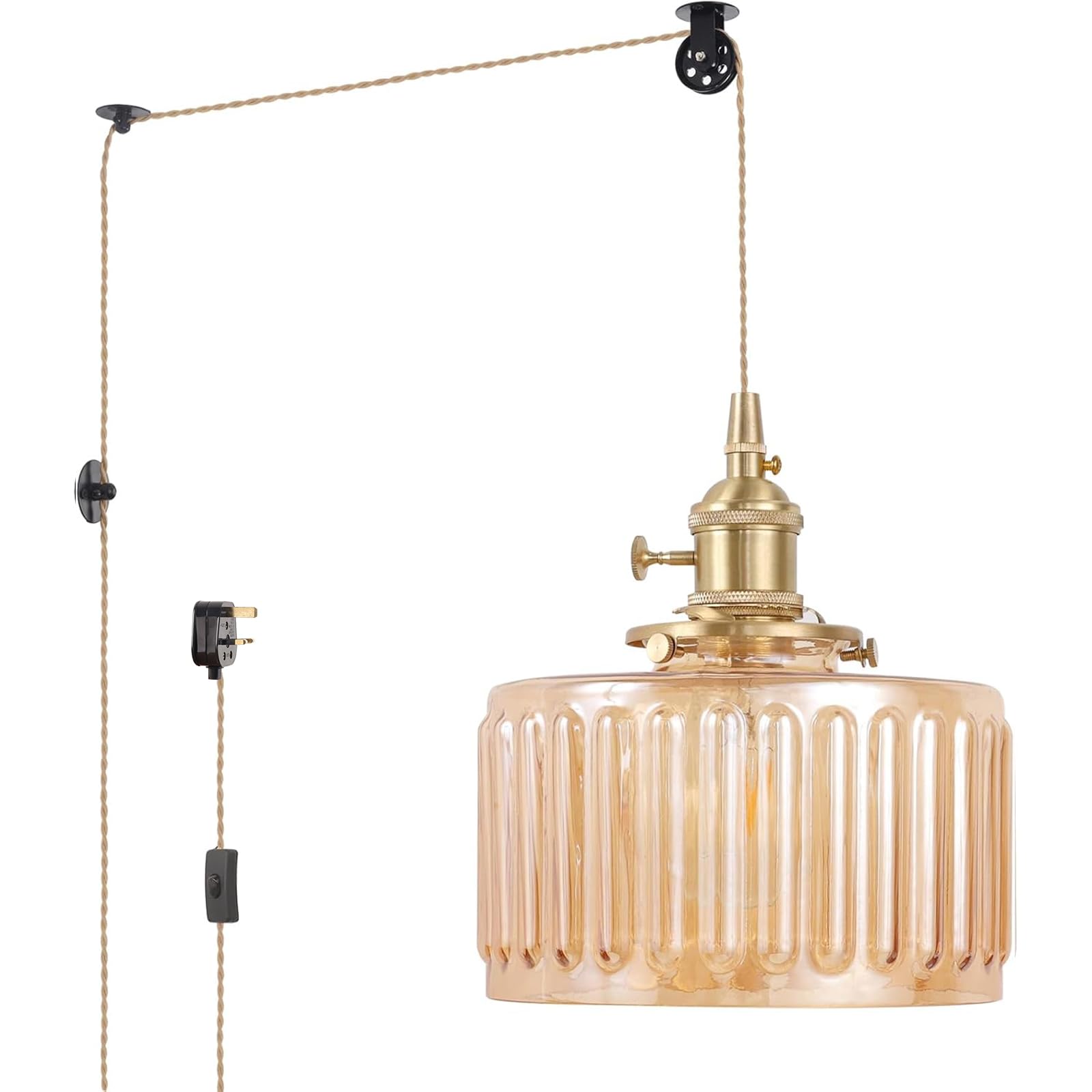 Shenmoyl Plug in Pendant Light Hanging Light Fixture Corded On/Off Switch Brass Pendant Light with Amber Striped Glass Lampshade for Bedroom Living Room Kitchen Island