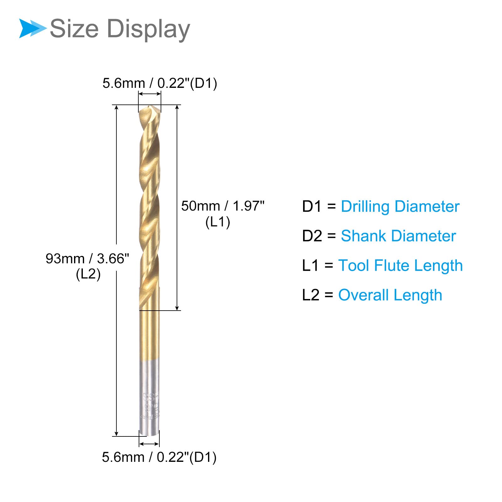 CoCud Twist Drill Bits, 5.6mm Drilling Diameter, Titanium Coated High Speed Steel 6542 Straight Round Shank - Image 2