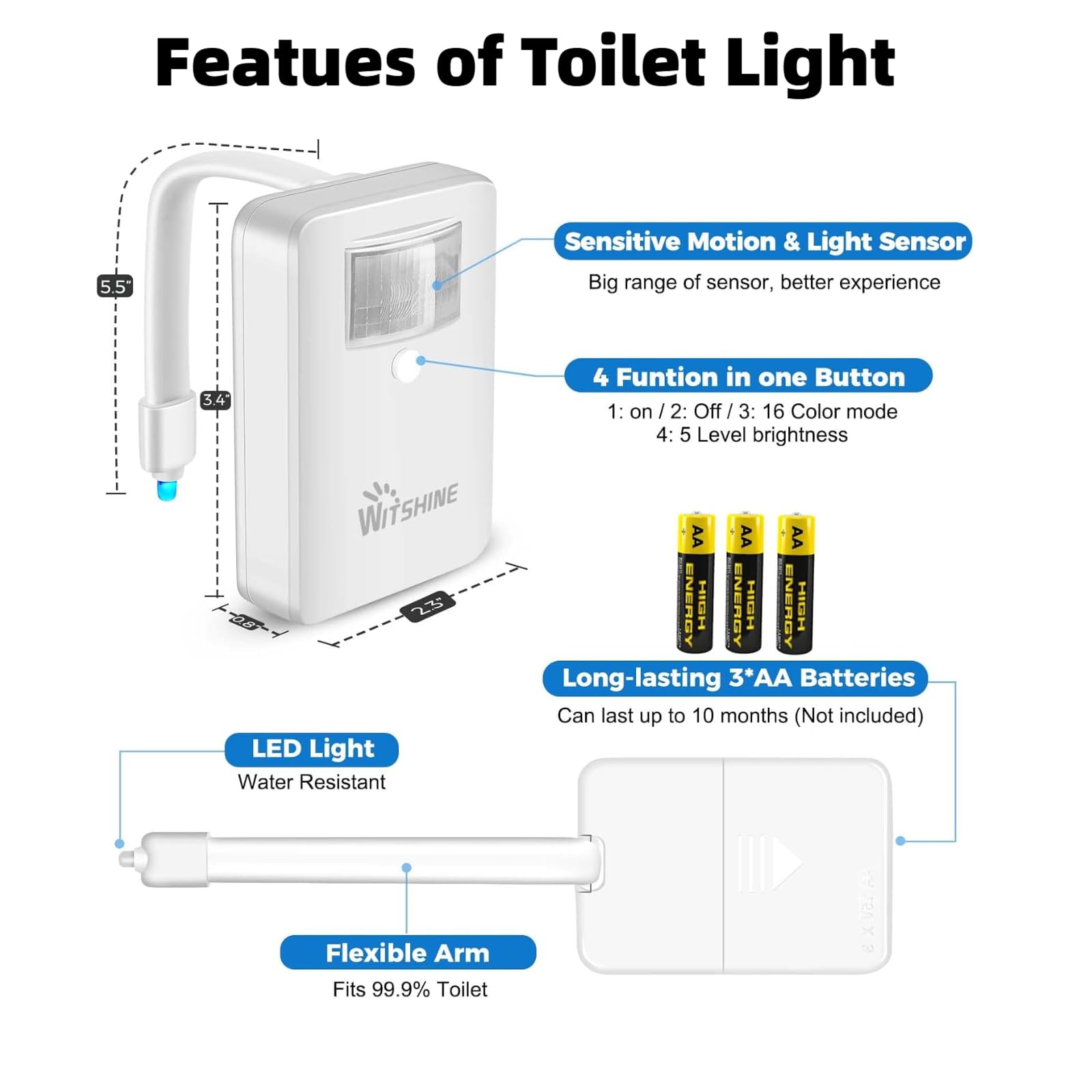 Witshine Toiletten-Nachtlicht, 4 Stück, 16 LED-Farbwechsel-Lampen mit Bewegungsmelder, aktiviert – lustiges Badezimmer-Accessoire für Heimdekoration – perfekte Dekoration mit Wasserhahn-Licht