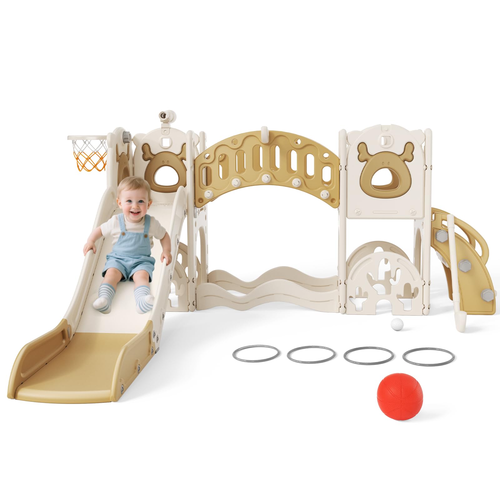 Slide per bambini ispessiti e allargati, scivolo per bambini piccoli indipendente con canestro da basket, attrezzatura per parco giochi con scivolo, scivoli all'aperto (kaki 9 in 1)