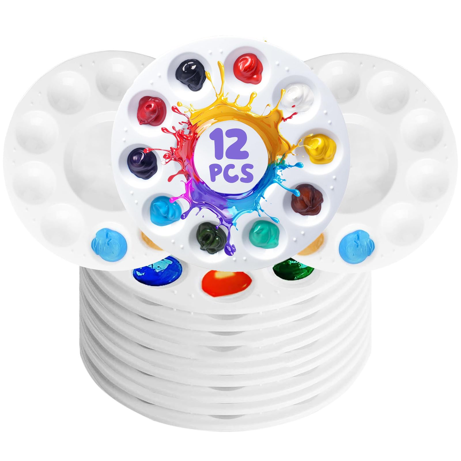 12 Pcs Round Paint Palettes – 15.8cm Plastic Paint Trays with 10 Wells & Central Reservoir, Stackable Mixing Palette for Watercolor Acrylic Oil Painting, Classroom Art Supplies
