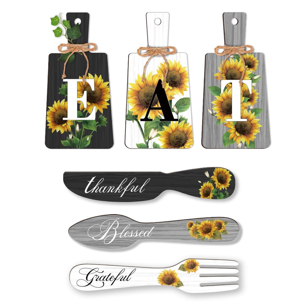 PH PandaHall 6pcs Sunflower Kitchen Wall Decor Wood Sign, Eat Sign Fork Spoon Wall Decor Hanging Plaques Farmhouse Cutting Board Sign with Hemp Rope