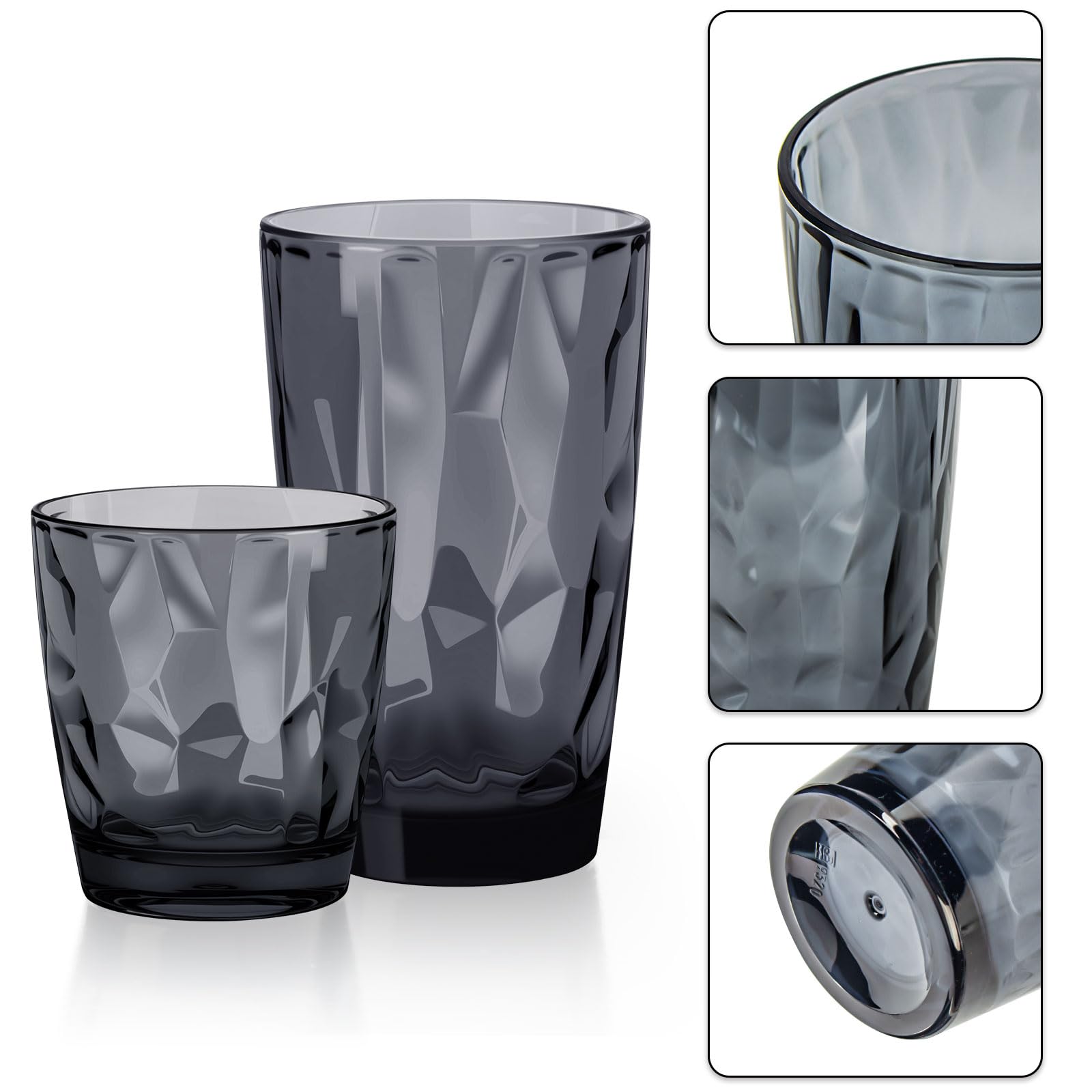 Topsky Gobelets en plastique réutilisables, incassables, en plastique acrylique incassable, pour la maison, les pique-niques, les fêtes, passent au lave-vaisselle, empilables, 300 ml et 473 ml, gris
