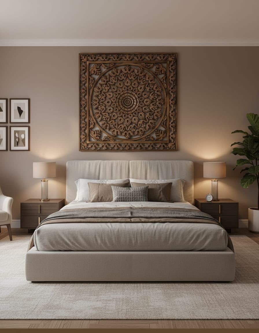 BELEZA DREAMS Traditional Carved Wall Panel, Square Floral Mandala Design, Handcrafted Wood and MDF, 90 x 90 cm, Brown, for Living Spaces and Bedrooms-image-41