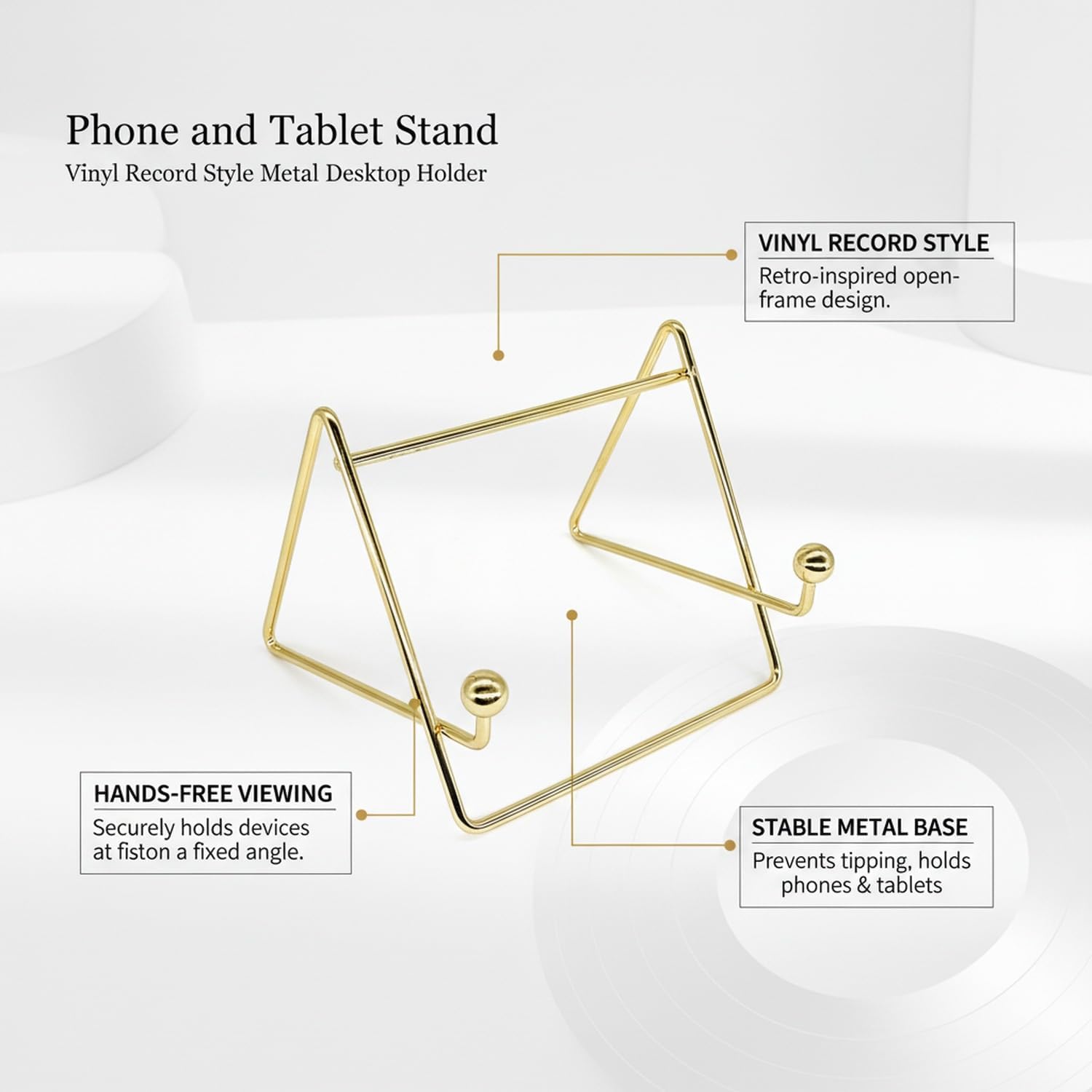 Metal Phone & Tablet Stand, Vinyl Record Design Desktop Holder for Hands-Free Viewing, Sturdy Base for Smartphones and Tablets (Gold/Silver) image 4