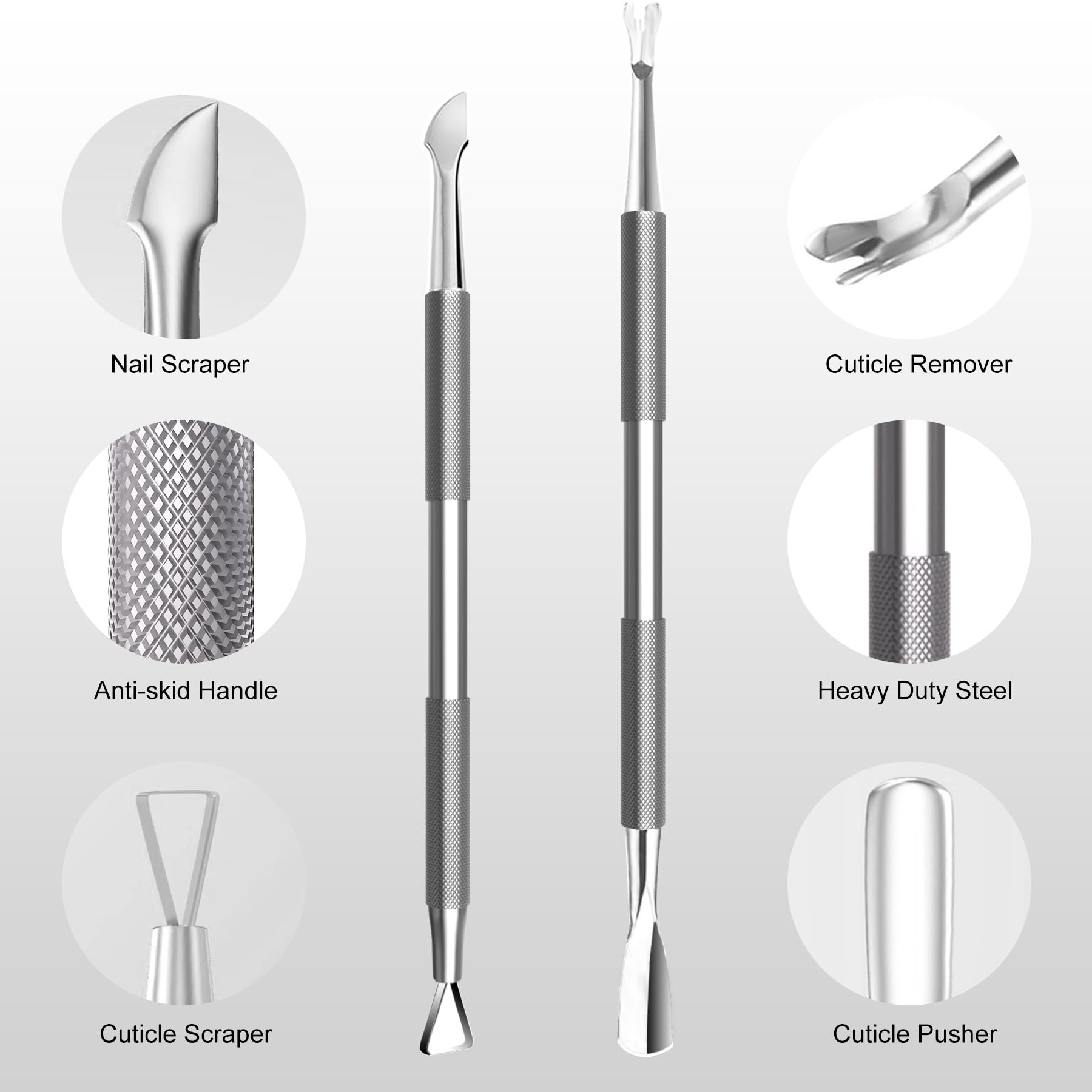 Juego de 5 recortadoras de cutículas con empujador, cortador, raspador, pinzador, cortaúñas profesional, de acero inoxidable, kit de herramientas para quitar cutículas de manos y pies, con 5