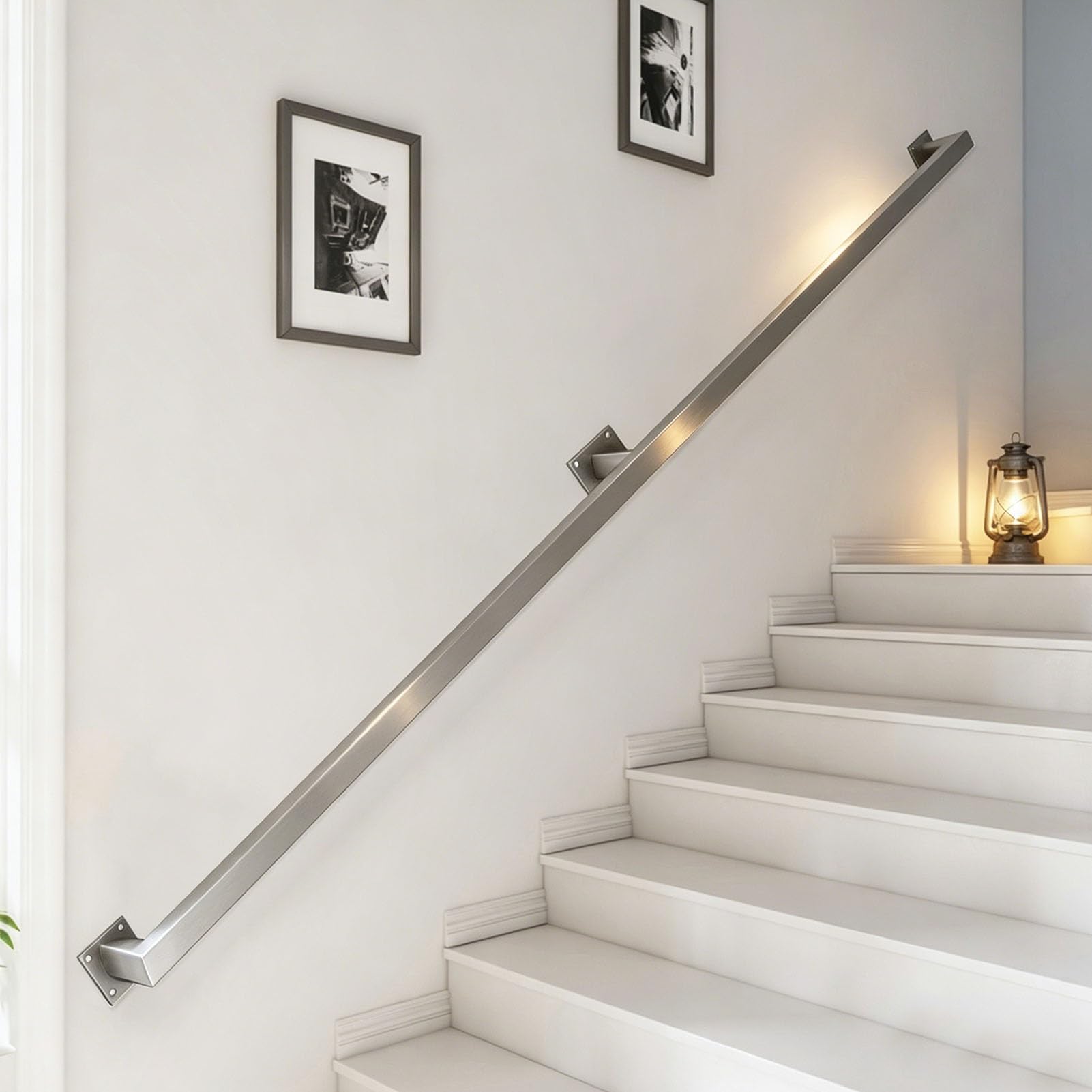 Junvstor Metal Stair Handrail Indoor- 2 FT Square Pipe Wall Mount Handrail, Outdoor Railings for Garage Porch Patio Steps, Deck Hand Rail, Stainless Steel Staircase Banister Railing(13ft/390cm)