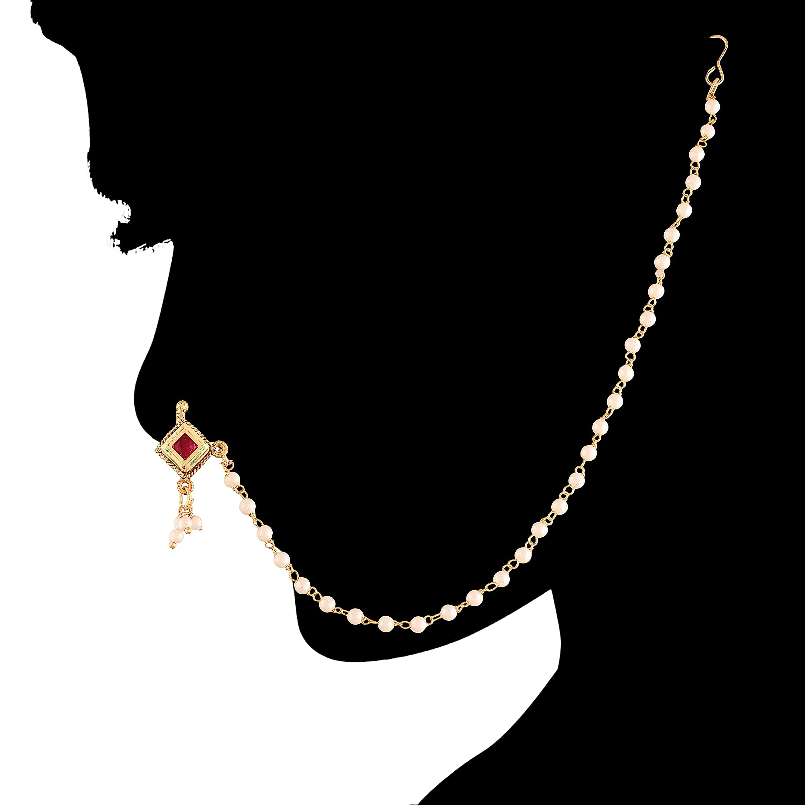 Ethnic Bridal Nose Ring without Piercing with Pearl Chain and Stone