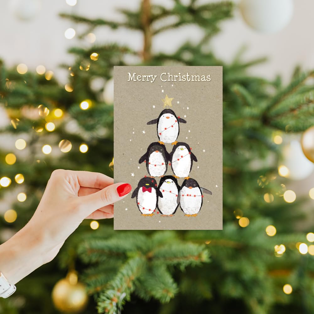 Tree-Free Greetings - Season's Greeting Card - Artful Designs - 1 Card + Matching Envelopes - Made in USA - 100% Recycled Paper - 5"x7" - Penguin Pile (FS93532) - Image 7