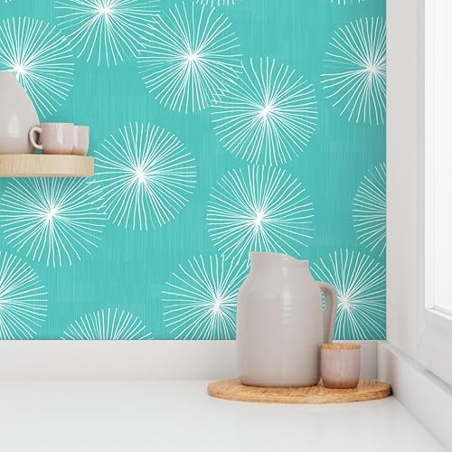 Miniatura 8 de Spoonflower Removable Wallpaper 9ft x 2ft - Dandelions Aqua Mid Century Circle Round Minimalist Mod Geo White Teal Custom Pre-Pasted Wallpaper