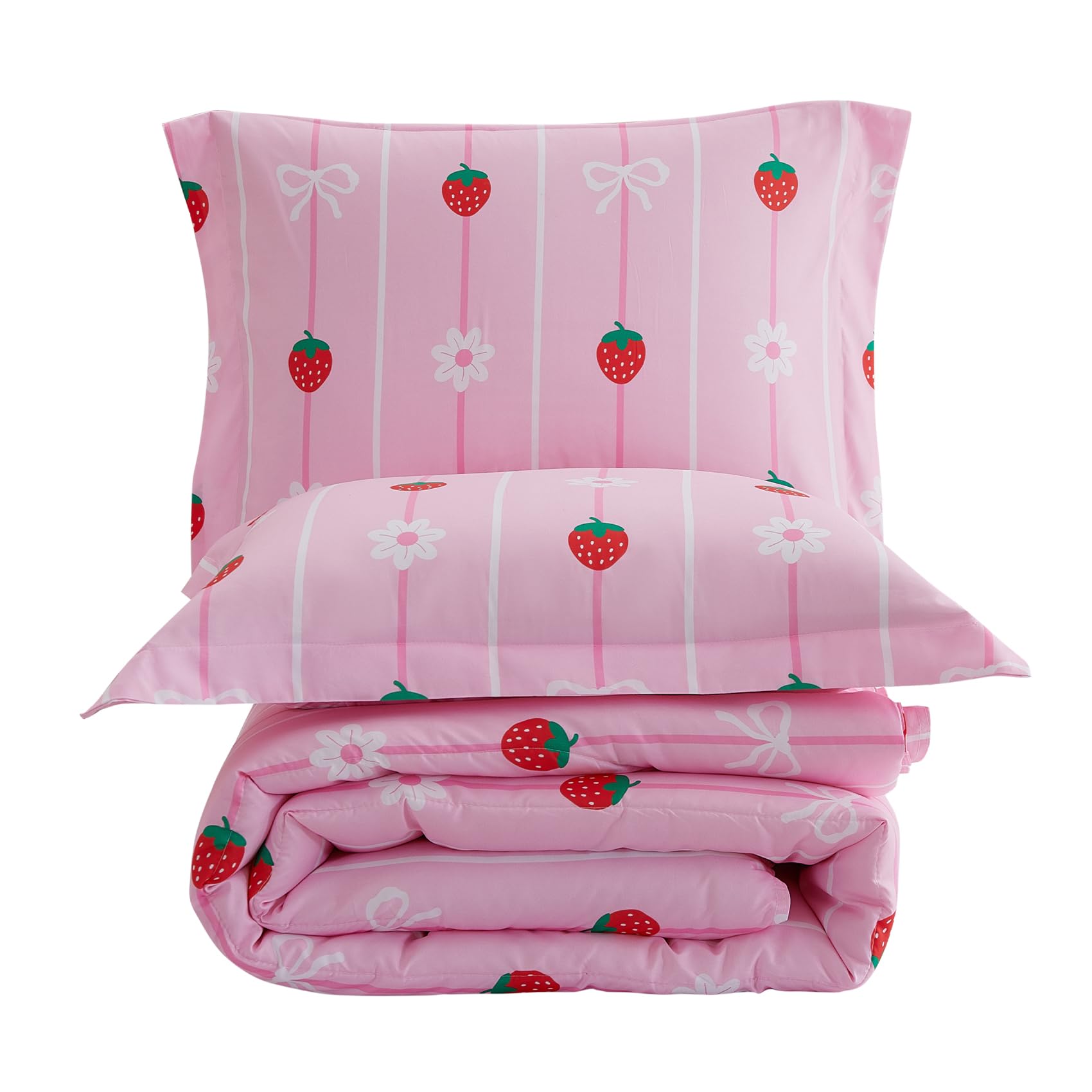 Yibeizi Pink Strawberry Comforter Set for Girls Full Bow Striped Bedding