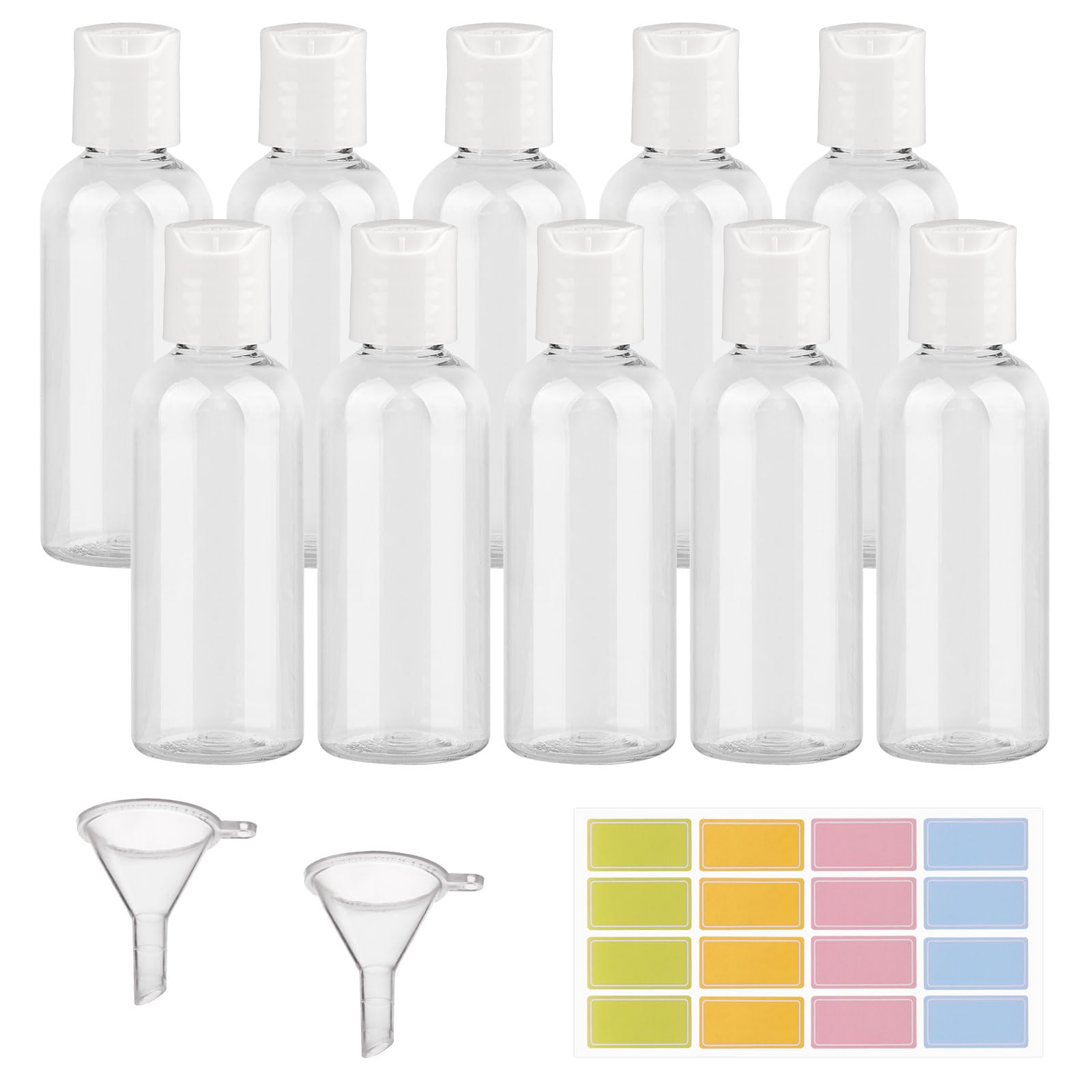 Ailvor Travel Bottles, 60ml Empty Refillable, 10pcs Clear Containers with 2 Funnels and Colorful Labels, Reusable Plastic Bottles for Shampoo, Lotions, Cosmetics