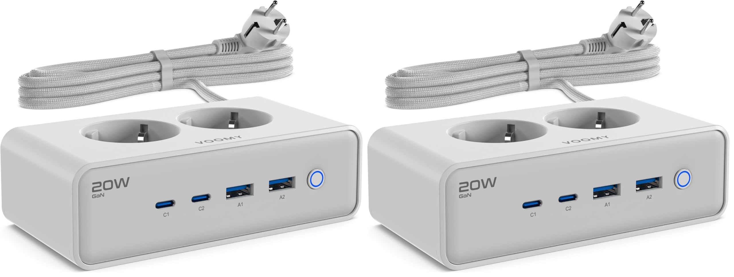 Voomy Mehrfachsteckdosen mit 20W USB Ports, Überspannungsschutz, Überlast- & Kurzschlussschutz, Sicherheitsverschluss, 2 Meter (Weiß) (Packung mit 2)