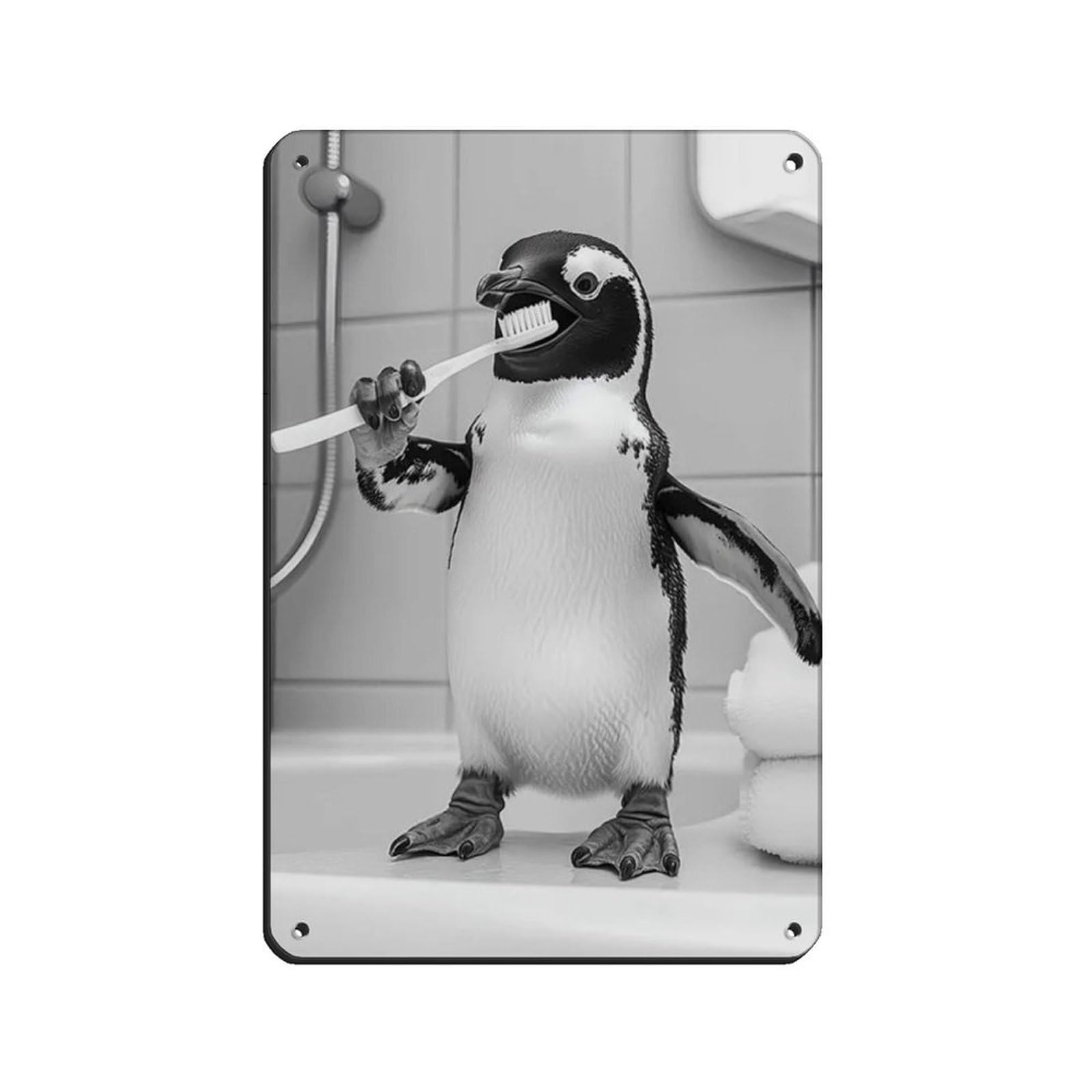 Lxwnze 20L X 30W Cm Penguin Brushing Teeth, Funny Bathroom Art Retro Poster Metal Tin Sign Chic Art Retro Iron Painting Bar People Cave Cafe Family Garage Poster Wall Decoration 8X12inch(20X30cm)
