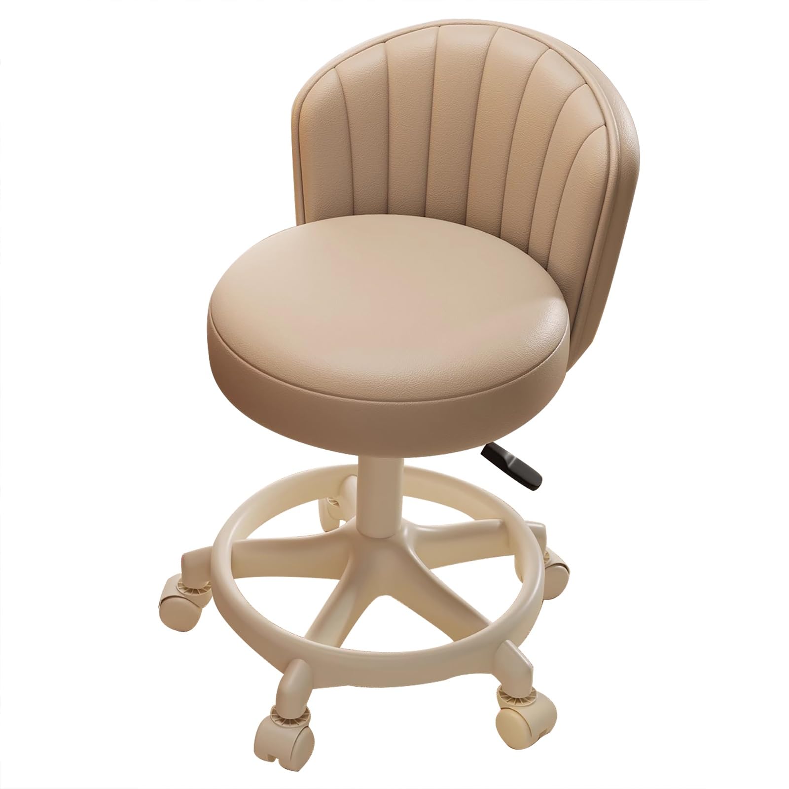 Bestiry Makeup Chair with Wheels, PU Leather Vanity Chairs, Height Adjustable Swivel Vanity Stool, with Back, for Work, Cafe, Office(Natural)