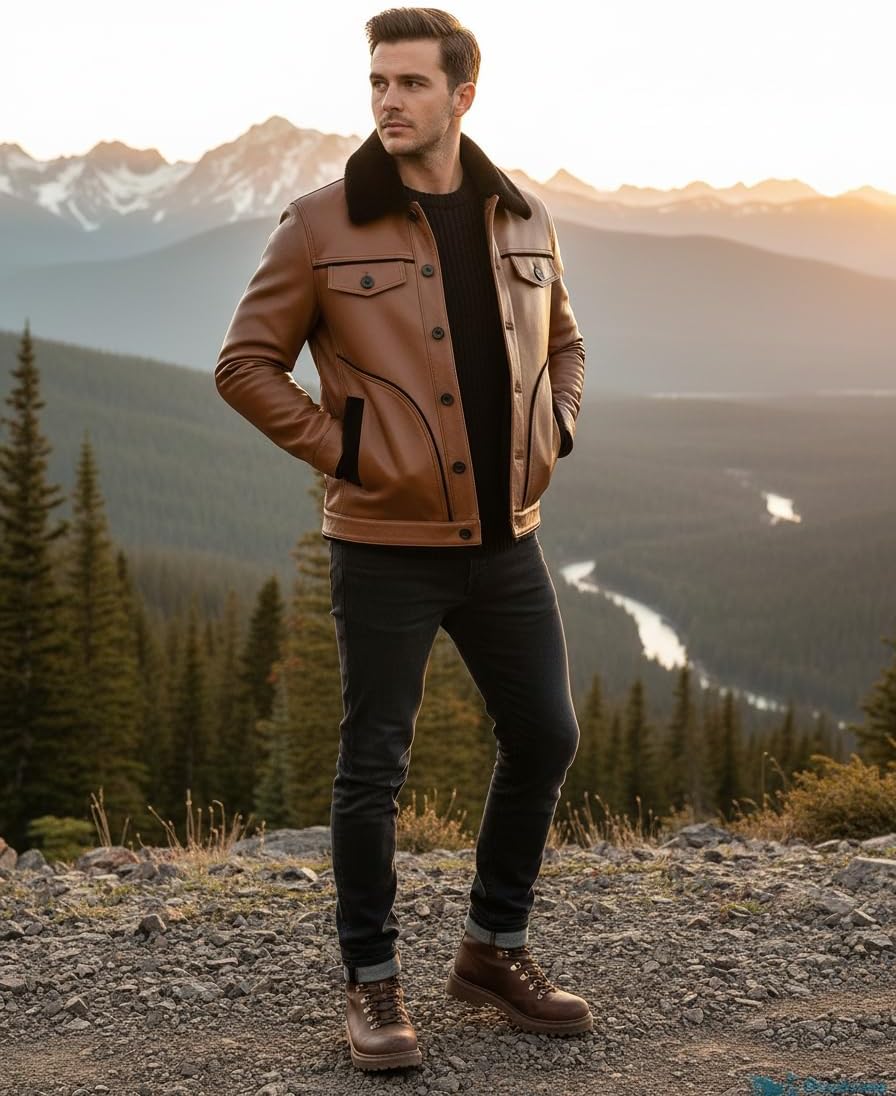 Mens Premium Lambskin Leather Jacket with Sherpa Faux Shirt Collar Style - Image 2
