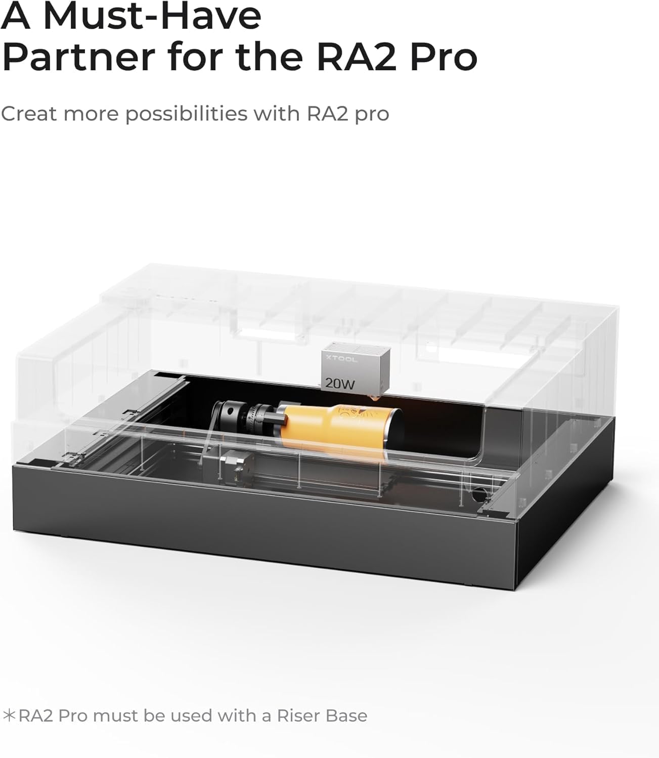 xTool RA2 Pro rotary attachment installed within the xTool S1 Riser Base, ready for engraving a cylindrical object