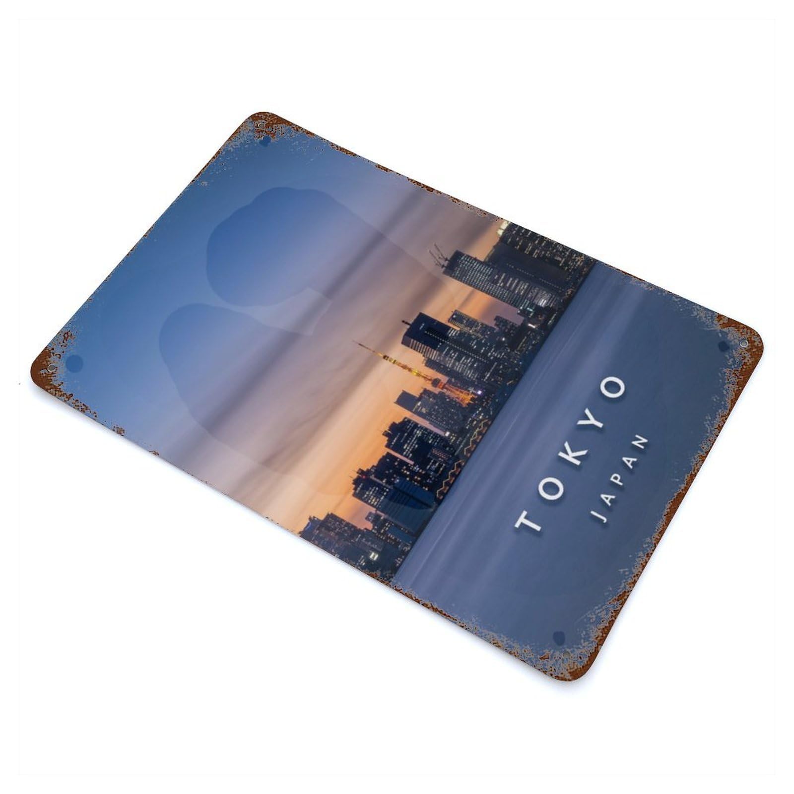 Tokyo Skyline Aged Metal Wall Plaque 11.8"x7.9", Decorative Metal Wall Art for Garage, Pub Or Kitchen