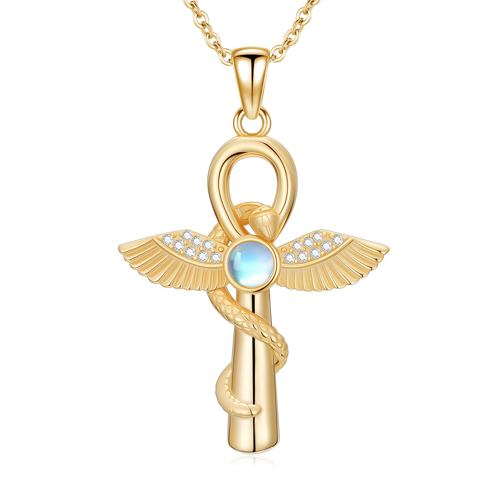 Collier Ankh en argent sterling 925 avec pendentif croix serpent Ankh avec pierre de lune - Bijoux égyptiens - Cadeau pour femme