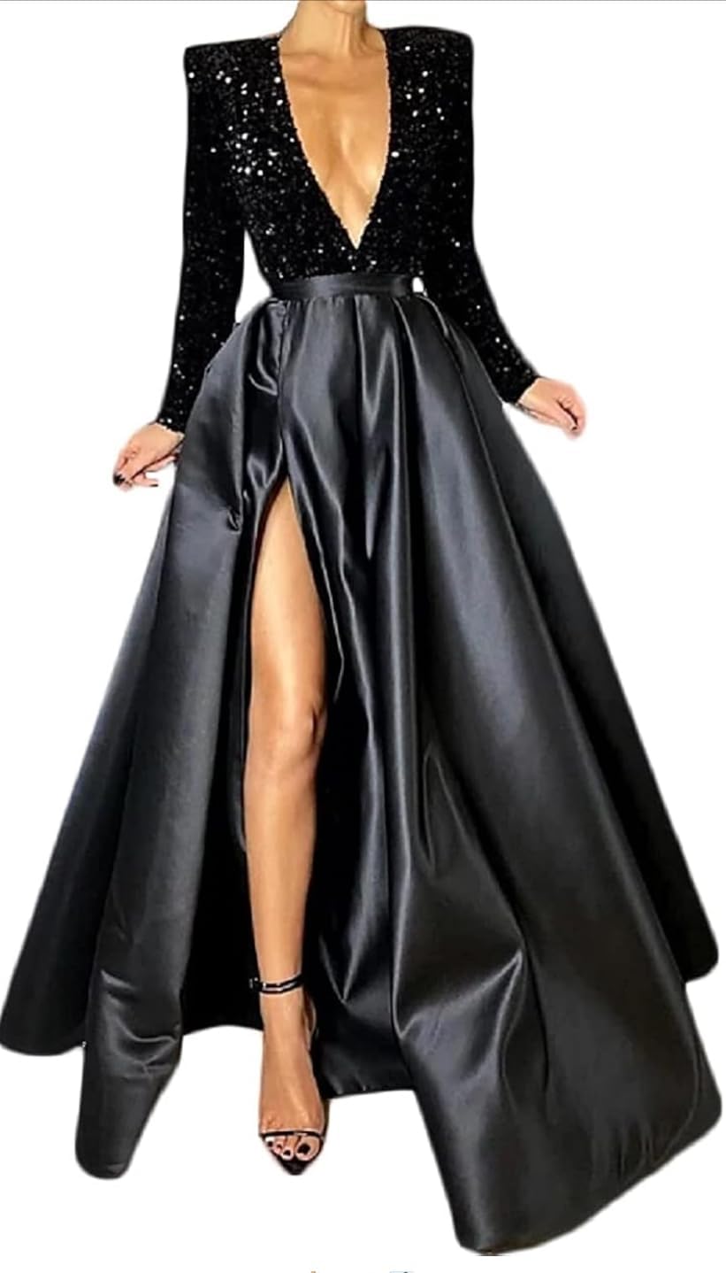 Black Long Sleeves Prom Dresses for Women Long Ball Gown Sparkly Sequin Satin Formal Evening Gowns - Image 2