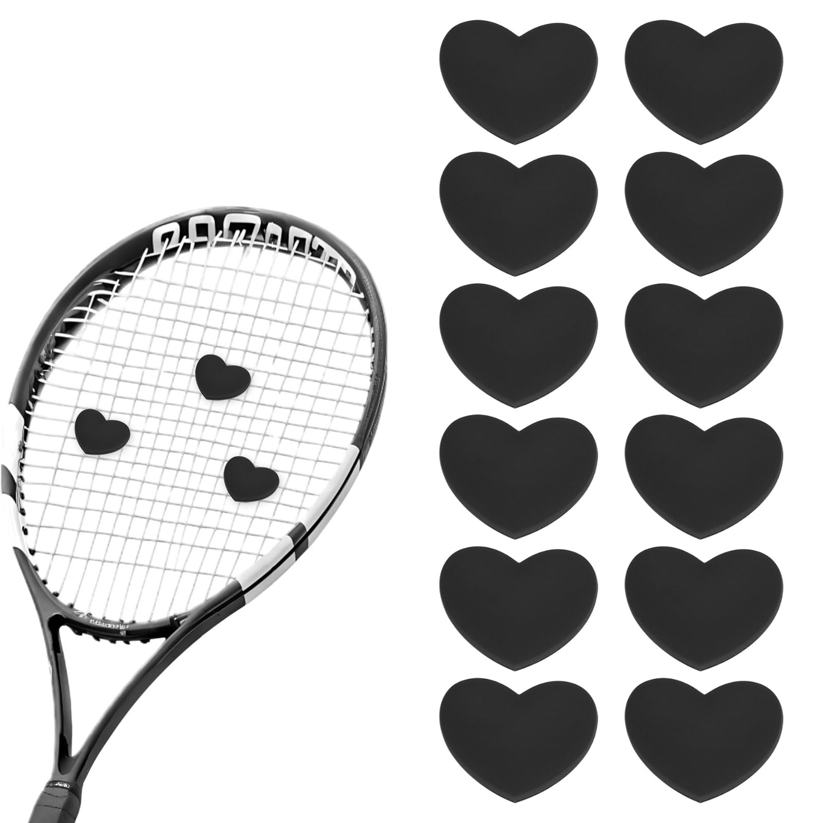 YELARXI Tennis Dampener, Heart Silicone Tennis Racket Dampeners Racket Shock Absorber to Reduce Vibration Soft Cute Fit for (Players/Universal Fit for All Racquets) 12 Pcs & Black