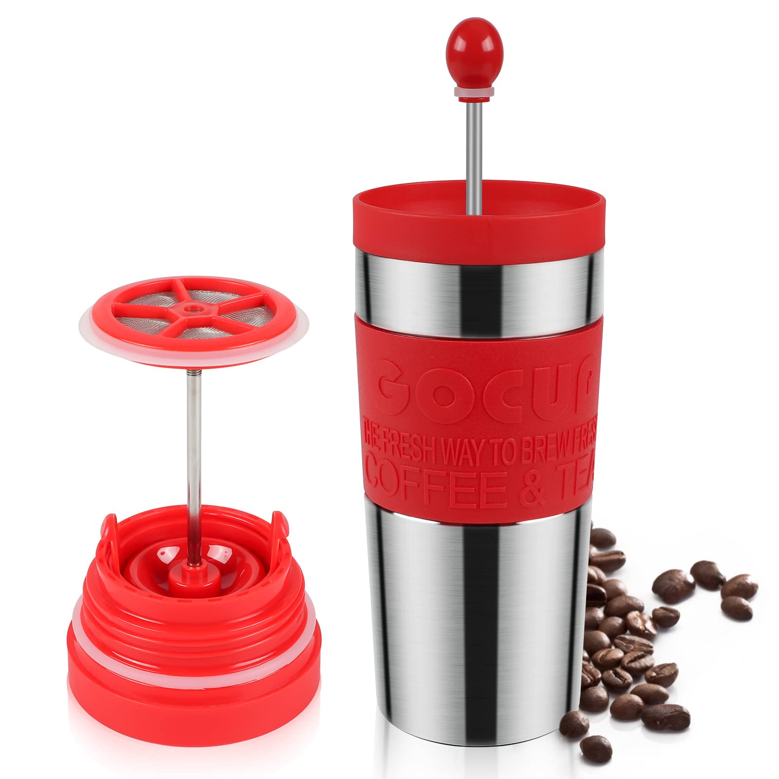 Opard French Press Travel Mug 360°Drinking Leakproof Lid Double-Walled Vacuum Insulated Stainless Steel Thermos Travel Mugs for Hot Drinks Men and Women (Red)
