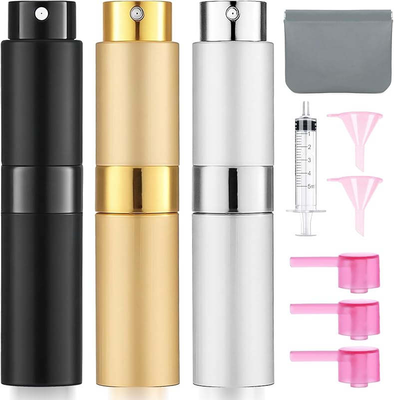 Frascos atomizadores recarregáveis para perfume DPLASKA 8 mL, preto, dourado e prata, pacote com 3