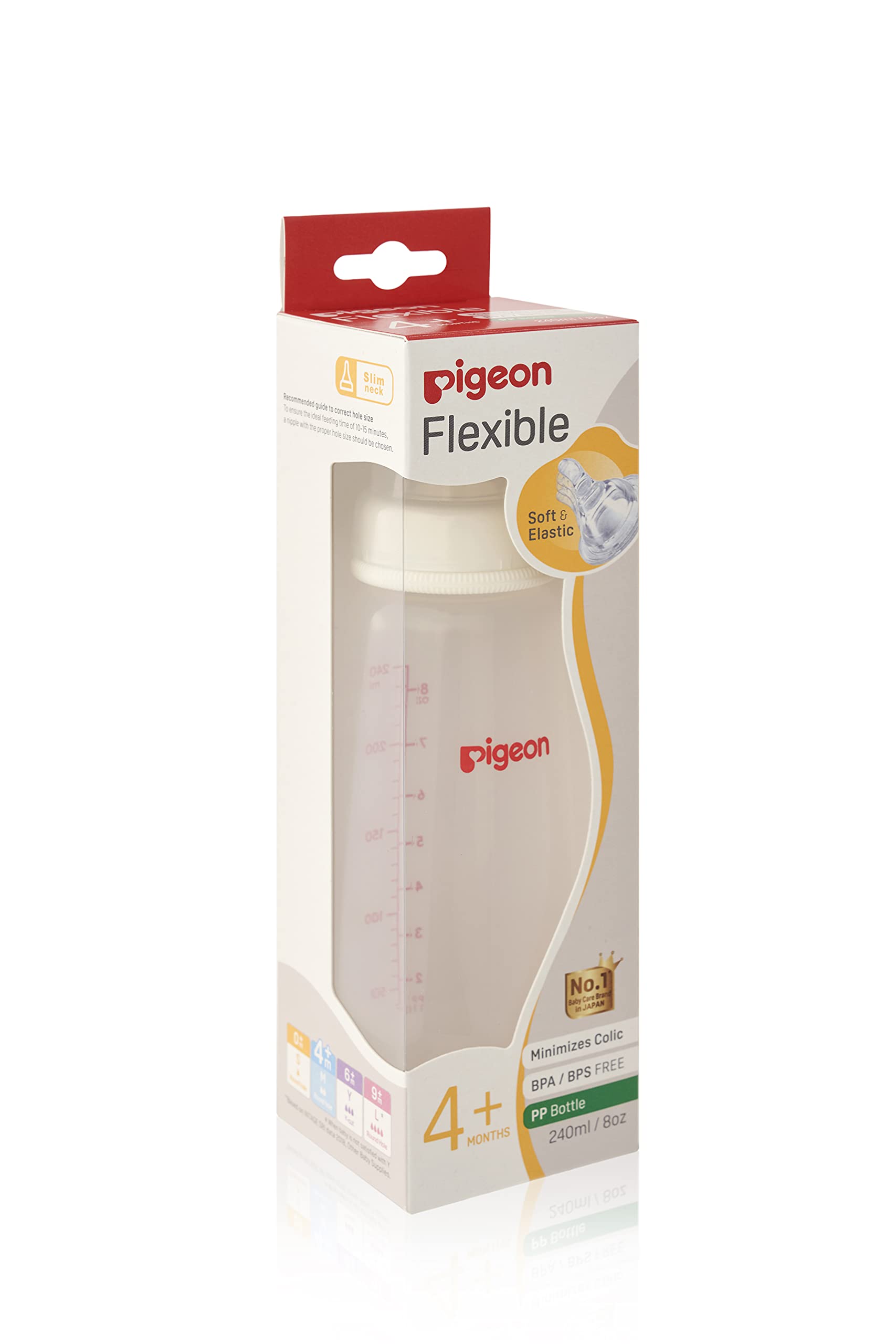 Pigeon Flexible Slim Neck Baby Bottle for 4+ Months Babies, 240ml, PP, 1-Pack