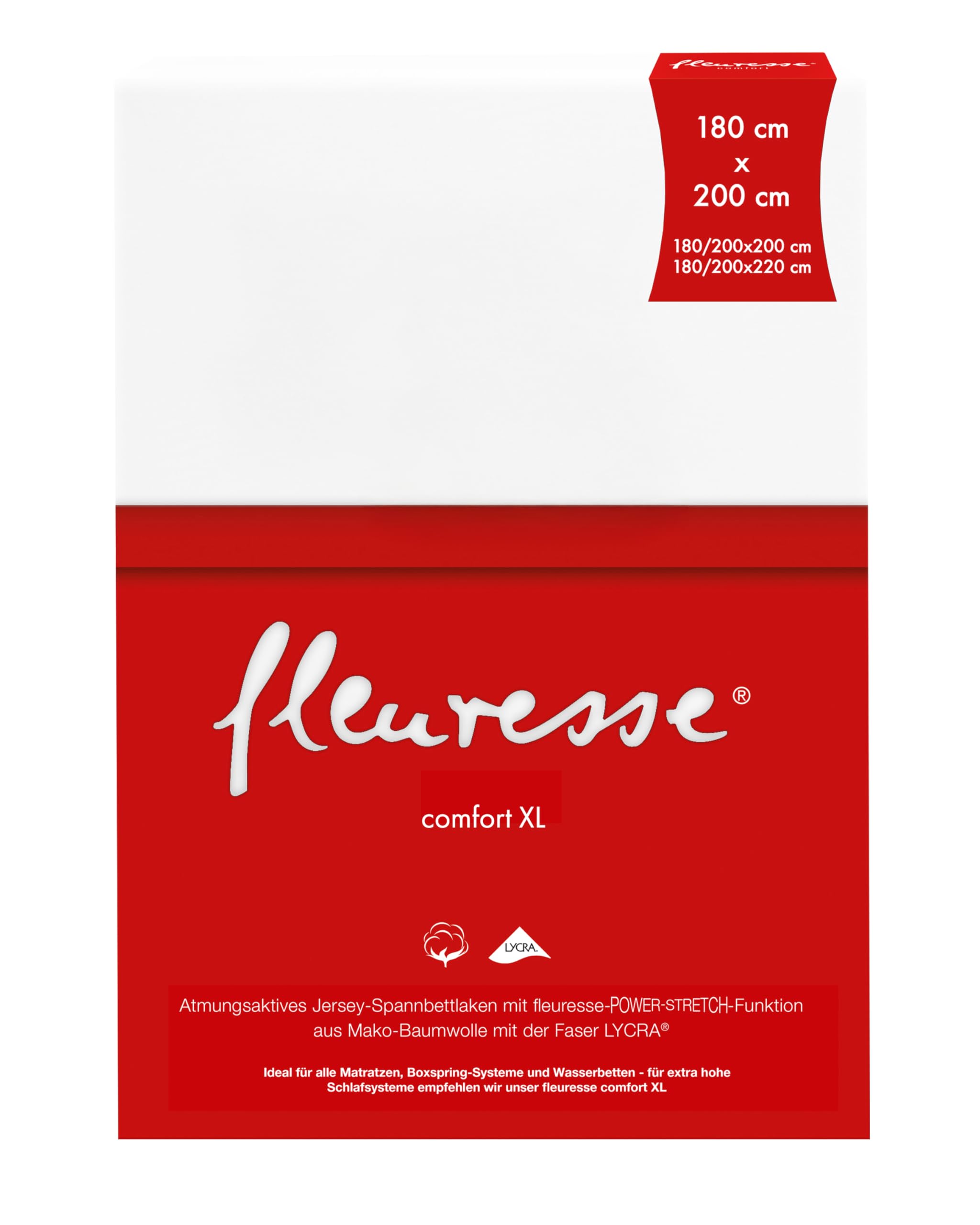 fleuresse 1119 XXL Jersey Stretch Spannbetttuch (96% Baumwolle, 4% Elasthan), mit Rumdumgummizug, Ökotex 100, für Matratzen bis 40 cm Höhe, 180 x 200-200 x 220 cm, weiß