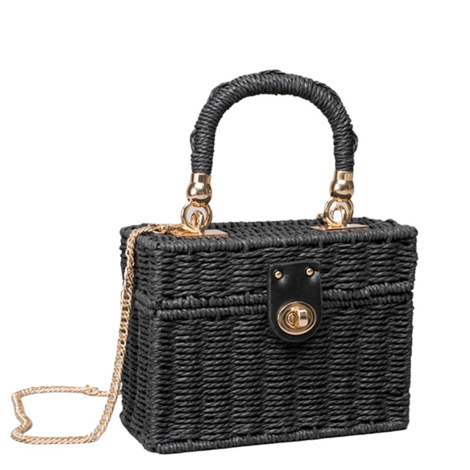 Borsa a tracolla in paglia nera in rattan | Borsa a tracolla da donna intrecciata a mano Borsa da spiaggia estiva in paglia con scatola quadrata for signora