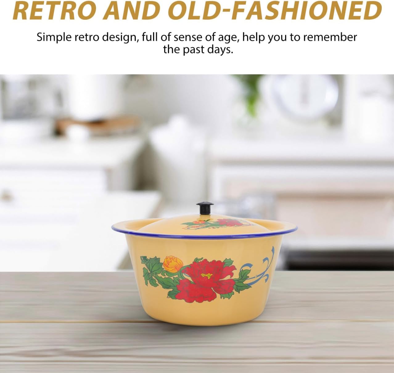 Beavorty Vintage Enamel Bowl with Lid 1.4l 19.5cm Retro Style Household Enameled Oil Pot for Kitchen Serving and Storage