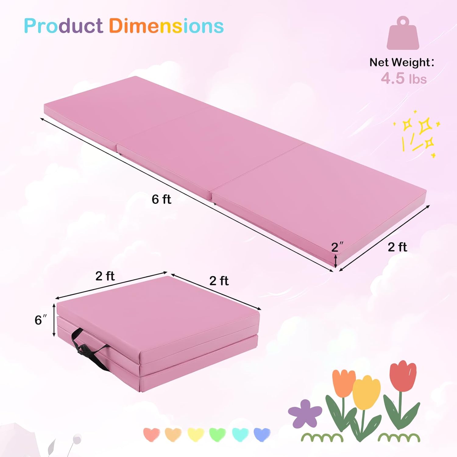 GYMAX Folding Gymnastics Mat, Tri-fold 6’ x 2’ x 2” Exercise Mat with Carrying Handles, Waterproof PU Leather, Hook & Loop Fasteners, Portable Lightweight Tumbling Mat for Yoga Home Gym Fitness (Pink)