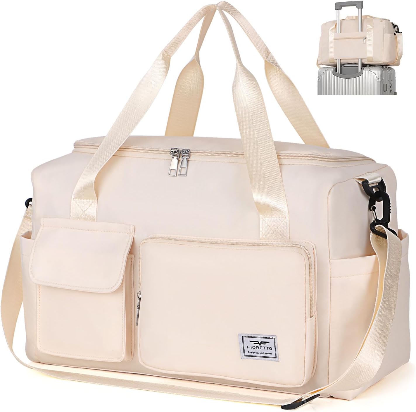 FIORETTO for Ryanair Airlines Cabin Bags 40x20x25 Underseat Travel Hand Luggage Carry on Bag Weekend Overnight Duffle Holdall Bag for Women and Men with Shoulder Strap Beige