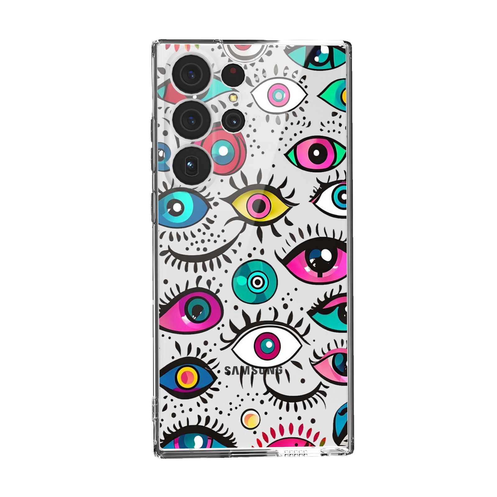 Compatible with Samsung Galaxy S23 Ultra Evil Eye Case, Eye See You Evil Eye Boho Theme Coloured Eyes Trendy Pattern for Samsung Case Girls Boys, Flexible TPU Yellow-Resistant Case for Samsung