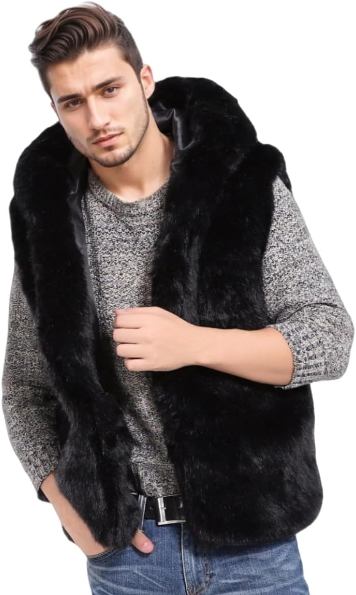 AMTFBY Men's Warm Faux Fur Hooded Waistcoat Short Vest Jacket Coat Sleeveless Outwear