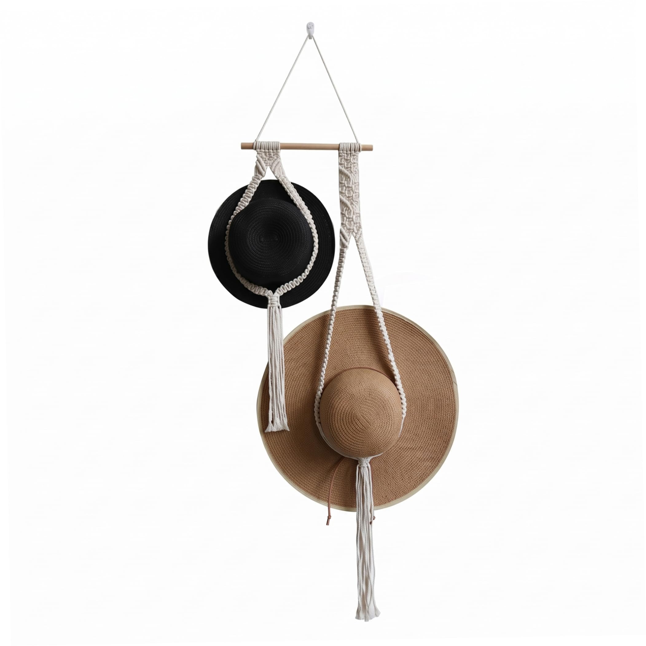 Tsawntd Macrame Hat Hanger, Boho Cowboy Hat Hanger for Wall, Woven Rope & Wooden Bead Holder for Caps, Fedoras & Wide-Brim Hats