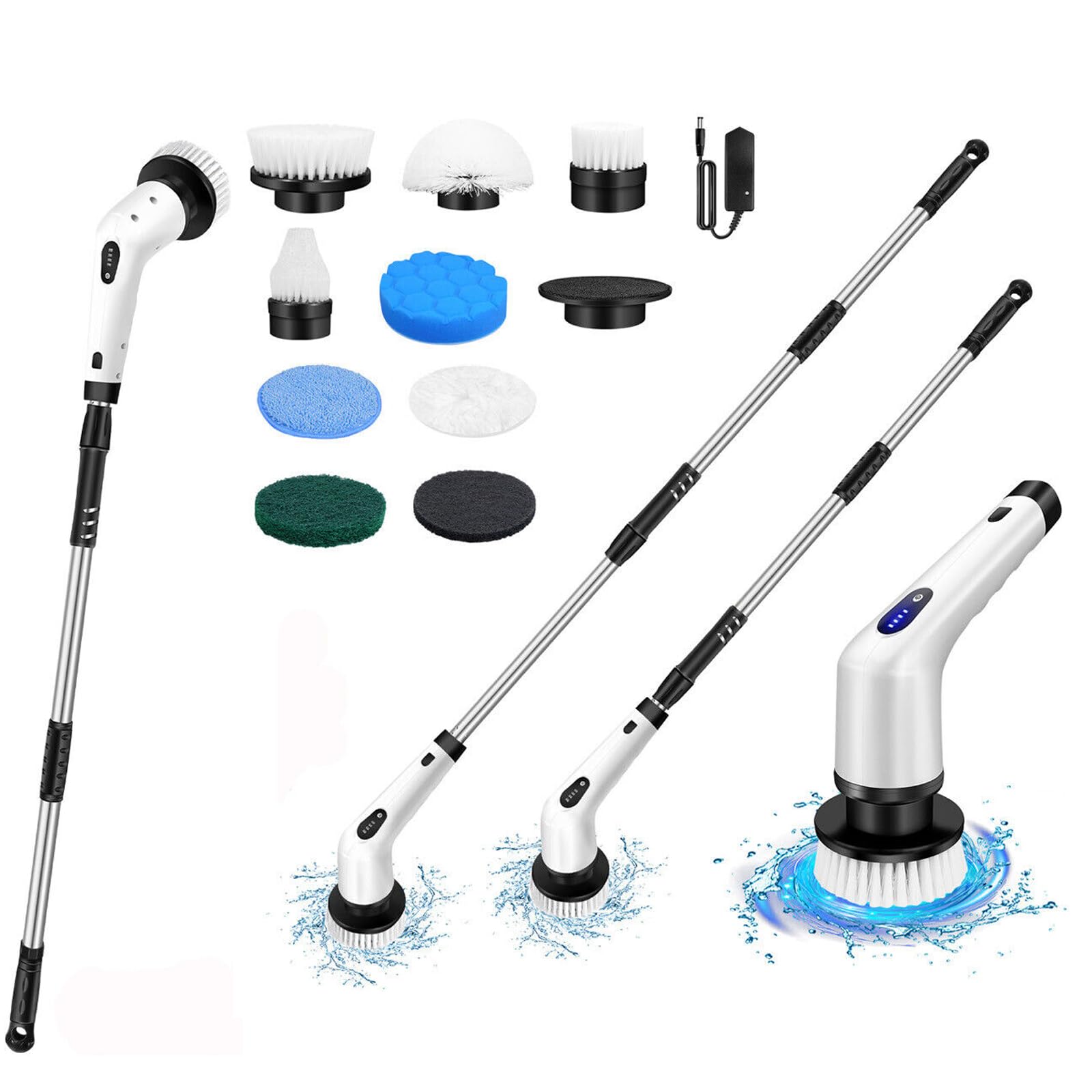 Cepillo de limpieza eléctrico de 2 velocidades, cepillo de limpieza con batería de 3,0 Ah y cargador rápido, 9 cabezales de cepillo de limpieza y mango ajustable, IPX6 impermeable, WZ