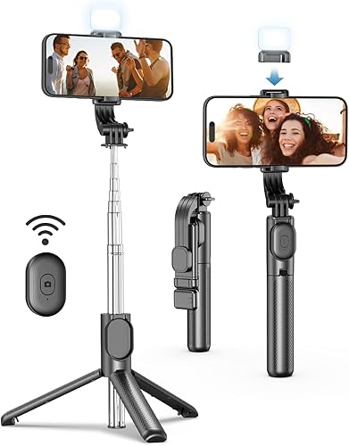 Trípode para teléfono celular para iPhone, palo selfie extensible con control remoto inalámbrico, trípode para selfie stick con luz LED, compatible