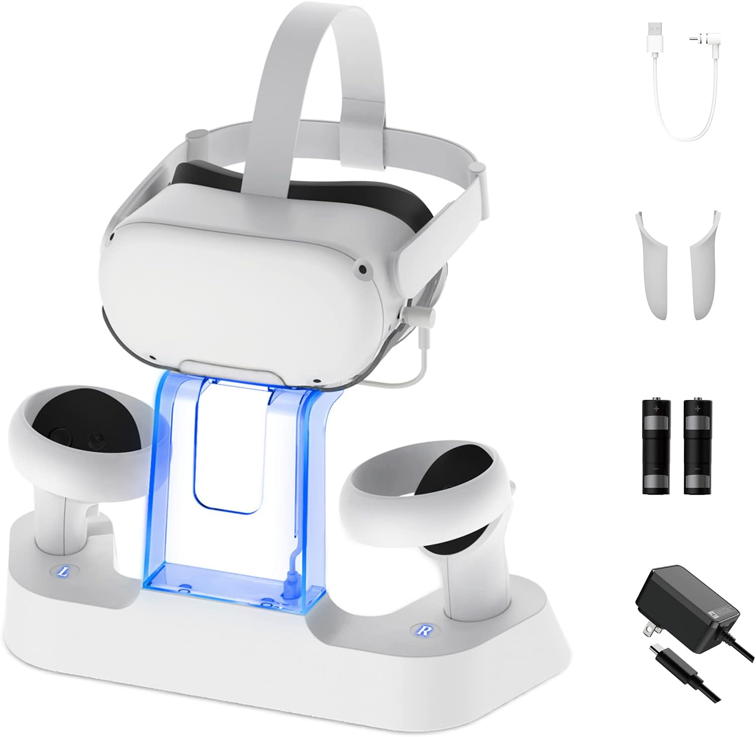 NexiGo Enhanced Charging Dock With Led Light For Oculus Quest 2,[Support Elite Strap],Headset Display Stand&Controller Mount,2 Rechargeable Batteries,Magnetic Cable,Virtual Reality Headset,White