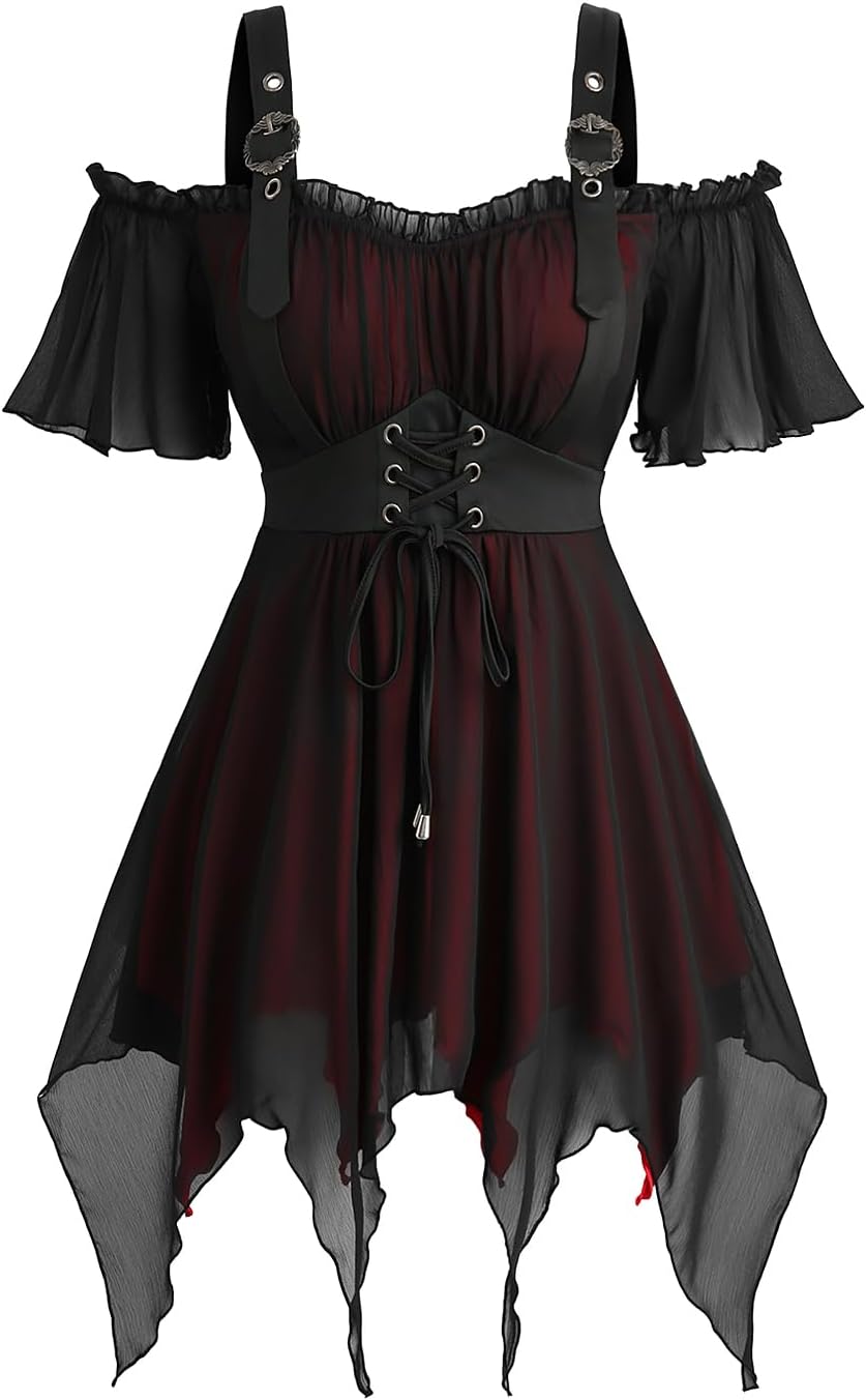 ROSE GAL Plus Size Womens Goth Cold Shoulder Corset Top Two Tone Ruffles Buckles Lace-up Underbust T-shirt