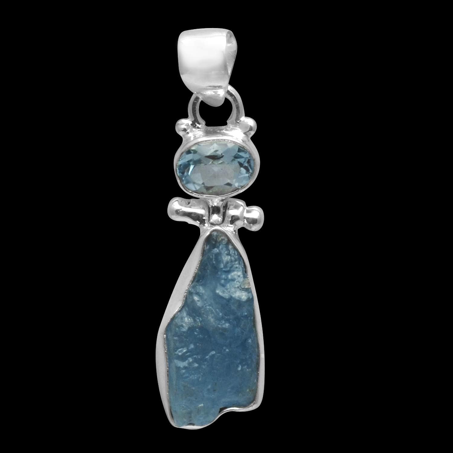 925 Sterling Silver Bezel Set Aquamarine Rough & Blue Topaz Pendant Jewelry image 2